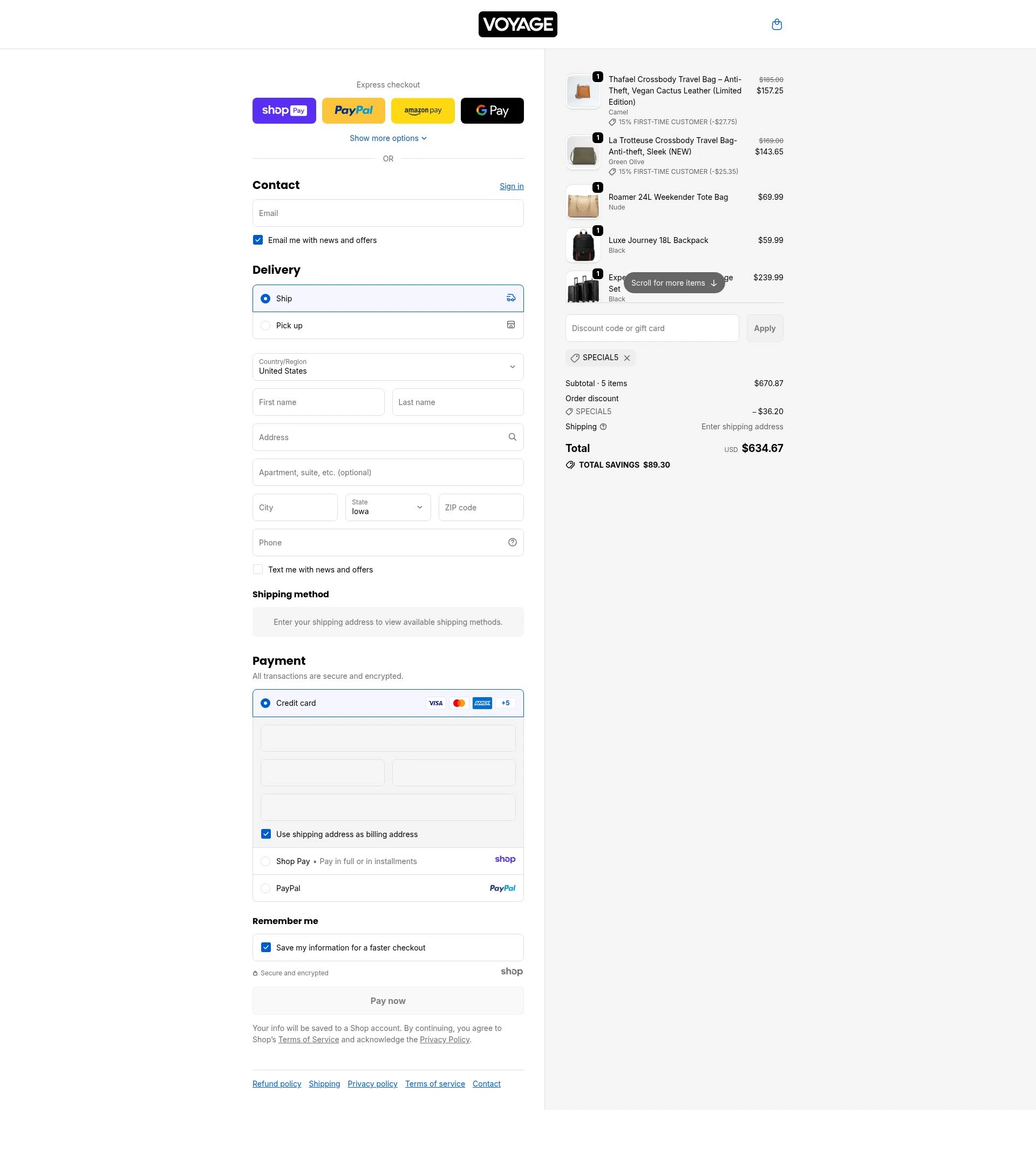 Voyage Luggage checkout page showing Voyage Luggage discount code box | Screenshot taken by SimplyCodes community member on Jan 11, 2026