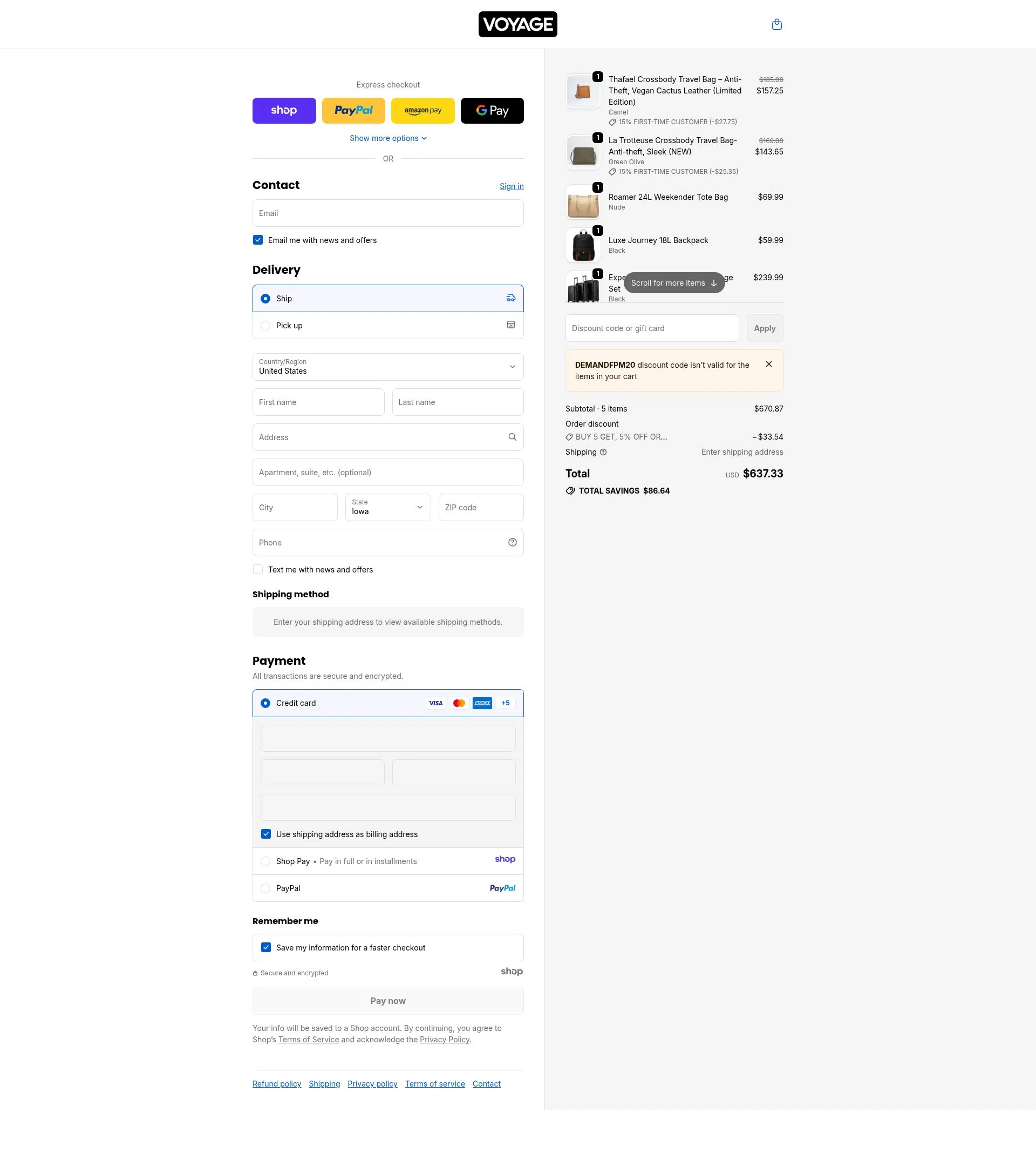 Voyage Luggage checkout page showing Voyage Luggage discount code box | Screenshot taken by SimplyCodes community member on Jan 11, 2026