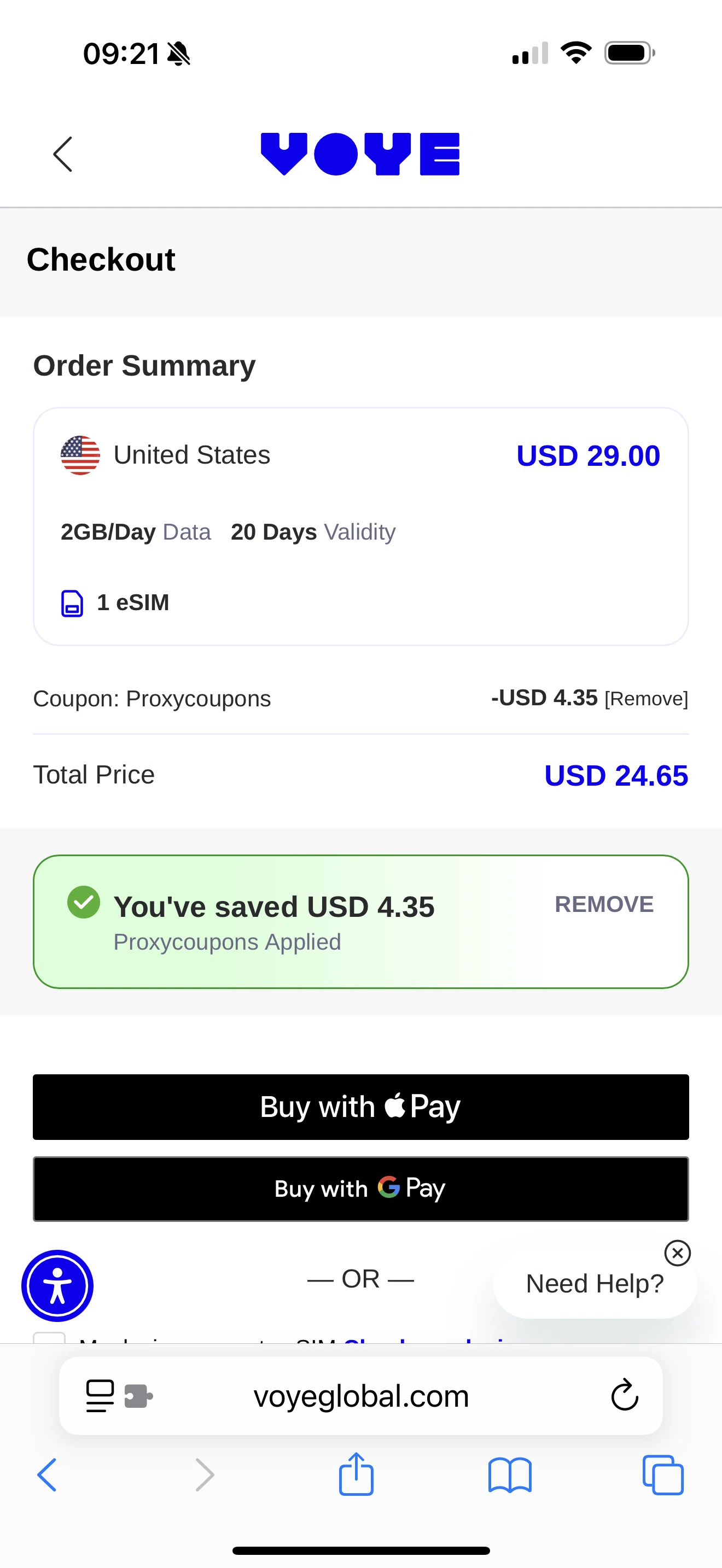 Voye Global promo code screenshot showing code Proxycoupons applied at Voye Global checkout page. Uploaded by SimplyCodes community member ExtraordinaryEagle2239 on Dec 10, 2025