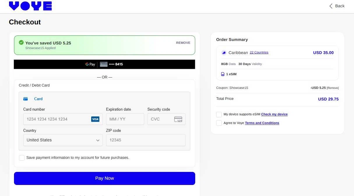 Voye Global promo code screenshot showing code Showcase15 applied at Voye Global checkout page. Uploaded by SimplyCodes community member CleverCollector3021 on Nov 25, 2025