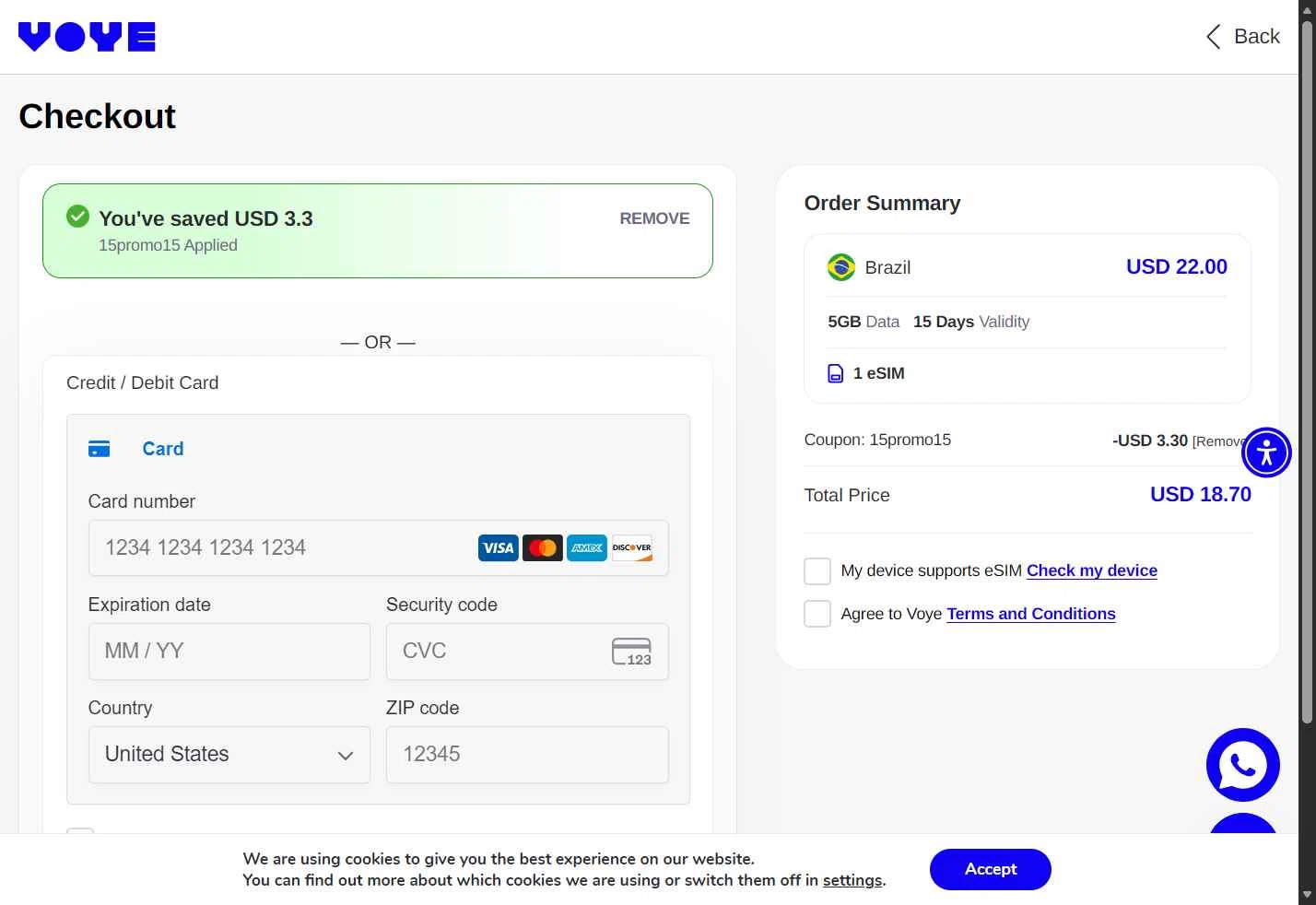Voye Global checkout page showing Voye Global promo code box | Screenshot taken by SimplyCodes community member on Nov 3, 2025