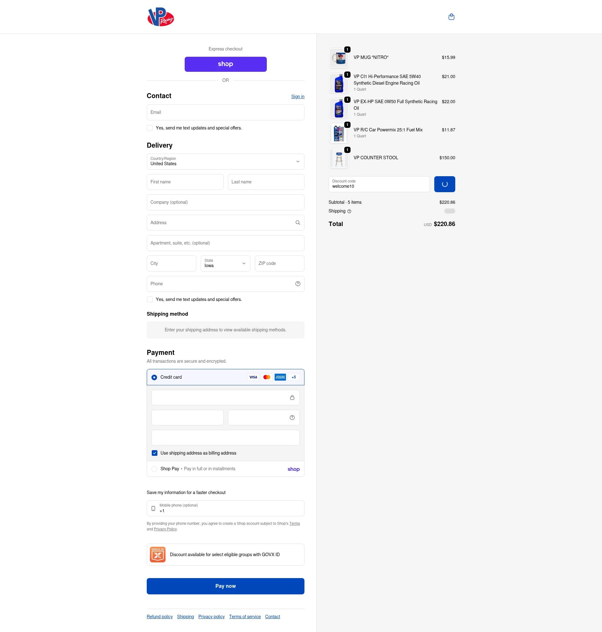 VP Racing Fuels checkout page showing VP Racing Fuels promo code box | Screenshot taken by SimplyCodes community member on Feb 7, 2026