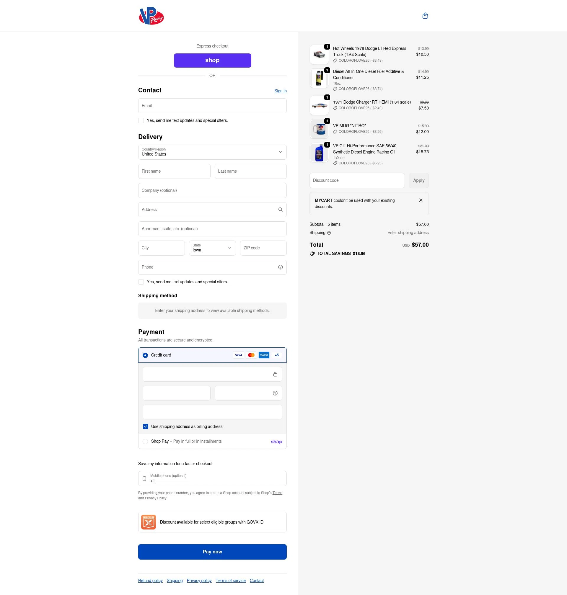 VP Racing Fuels checkout page showing VP Racing Fuels promo code box | Screenshot taken by SimplyCodes community member on Feb 13, 2026