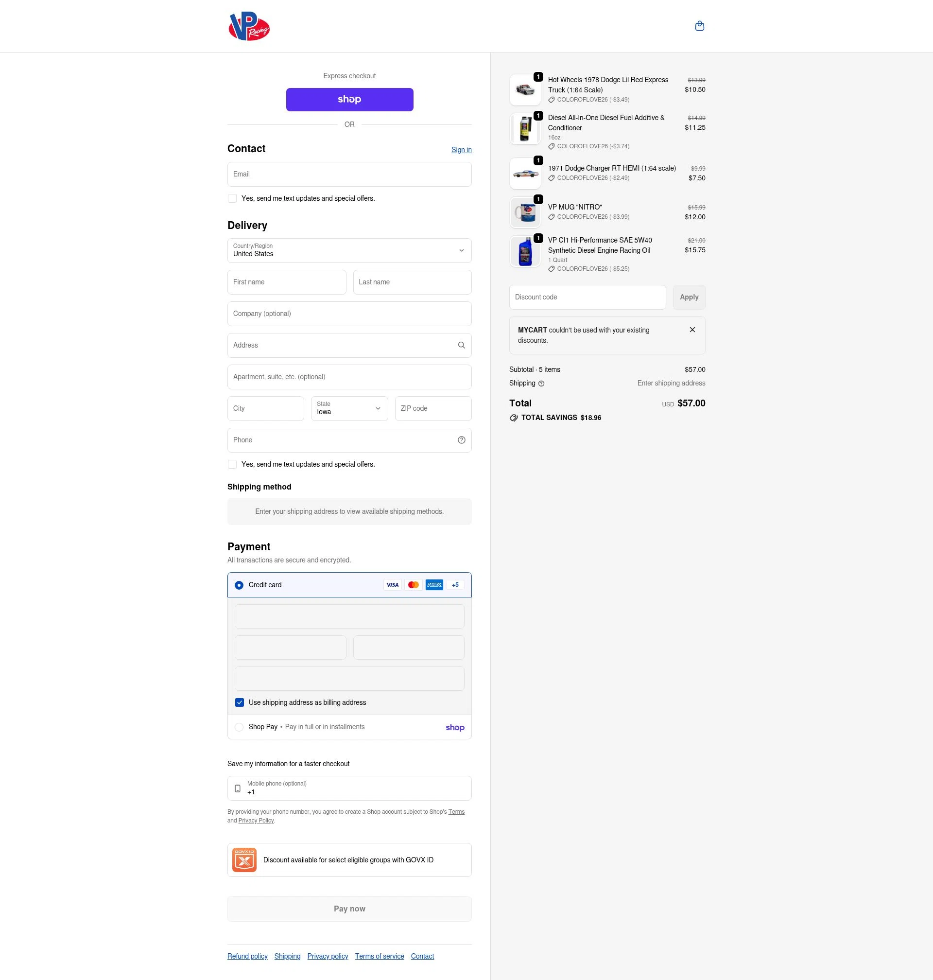 VP Racing Fuels checkout page showing VP Racing Fuels promo code box | Screenshot taken by SimplyCodes community member on Feb 20, 2026