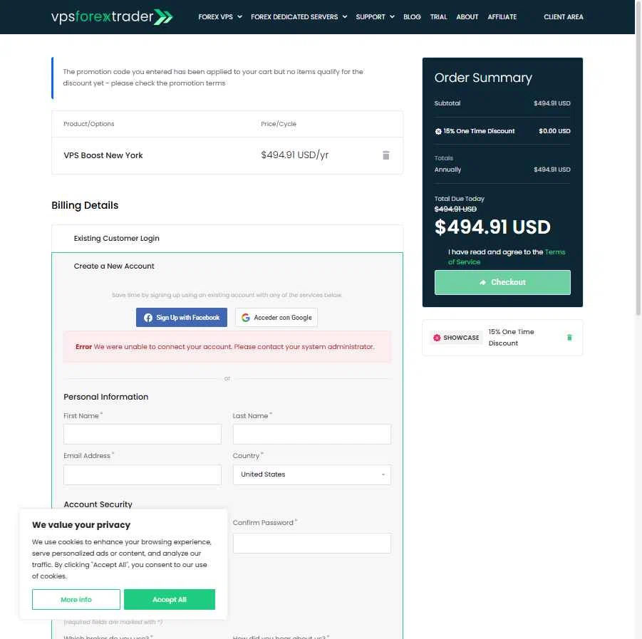 Forex VPS hosting checkout page showing Forex VPS hosting promo code box | Screenshot taken by SimplyCodes community member on Oct 2, 2025