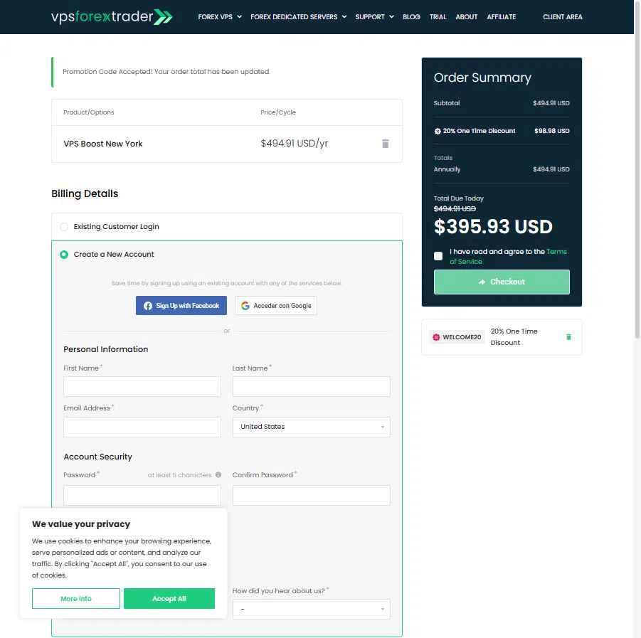 Forex VPS hosting checkout page showing Forex VPS hosting promo code box | Screenshot taken by SimplyCodes community member on Oct 2, 2025