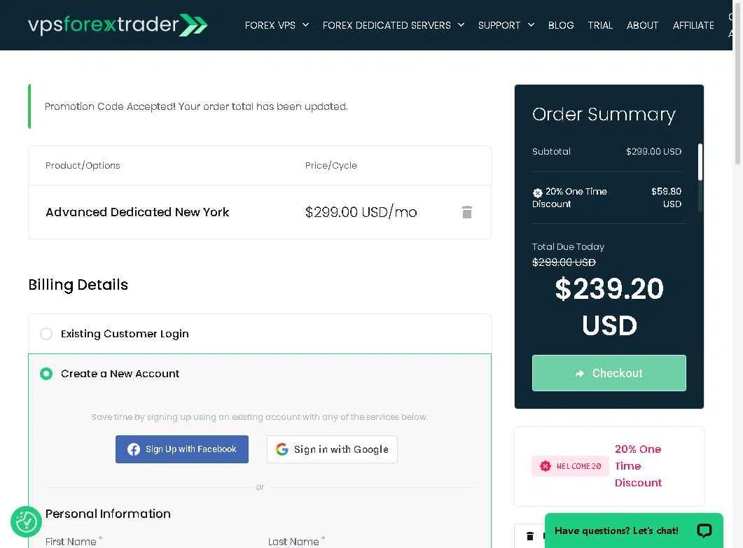 Forex VPS hosting checkout page showing Forex VPS hosting promo code box | Screenshot taken by SimplyCodes community member on Sep 23, 2025