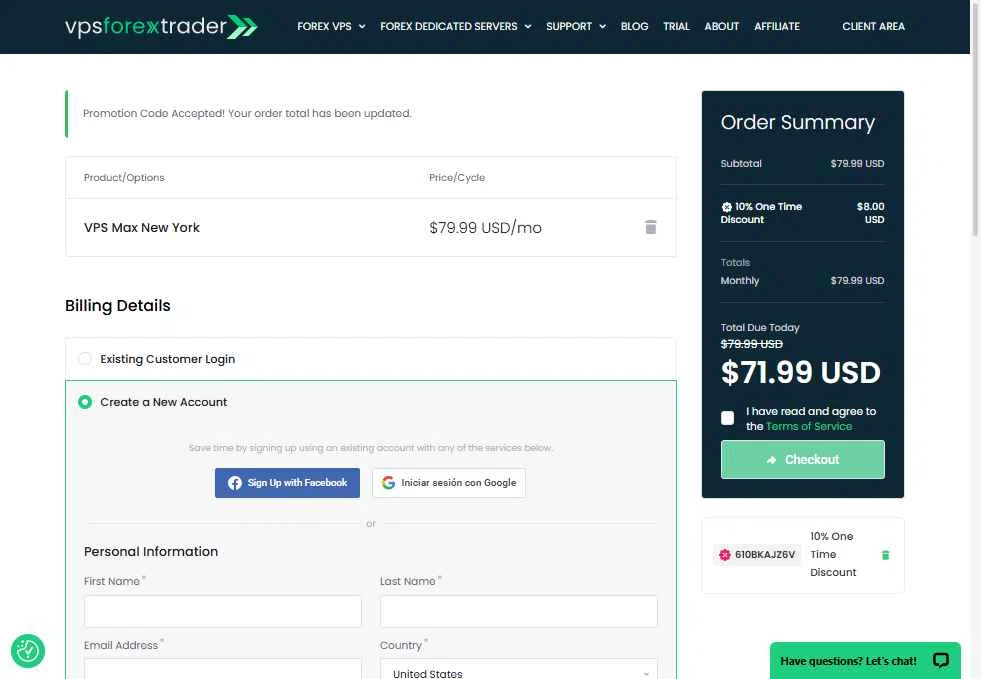 Forex VPS hosting checkout page showing Forex VPS hosting promo code box | Screenshot taken by SimplyCodes community member on Oct 27, 2025