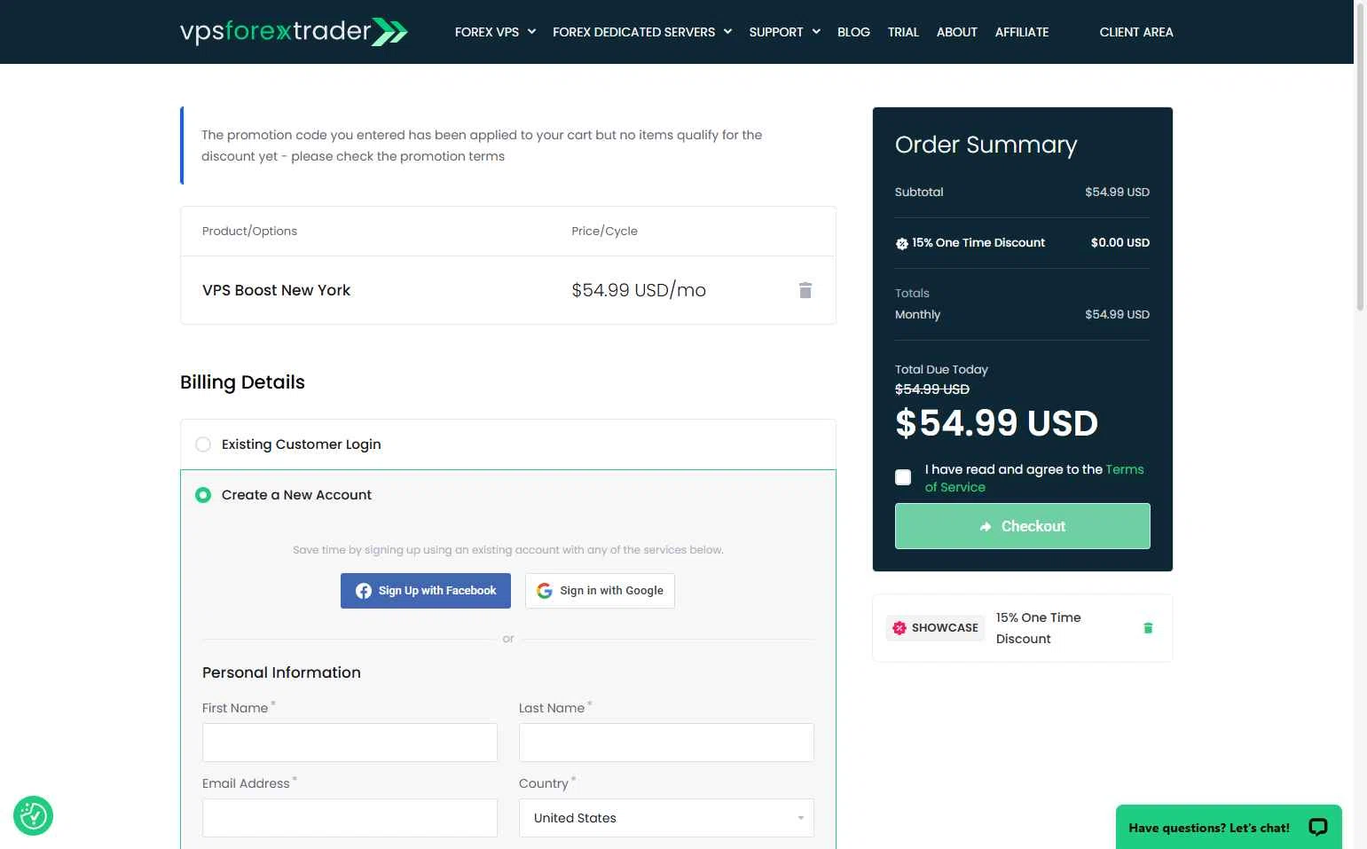 Forex VPS hosting checkout page showing Forex VPS hosting promo code box | Screenshot taken by SimplyCodes community member on Nov 30, 2025