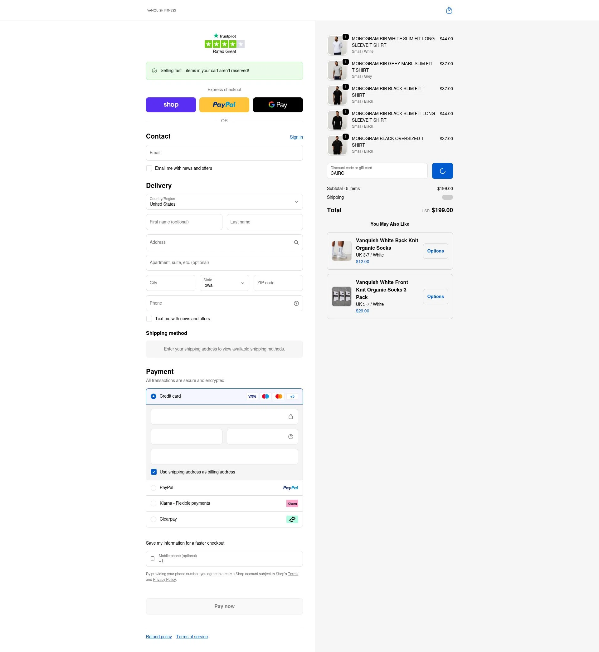 Vanquish Fitness checkout page showing Vanquish Fitness discount code box | Screenshot taken by SimplyCodes community member on Feb 5, 2026