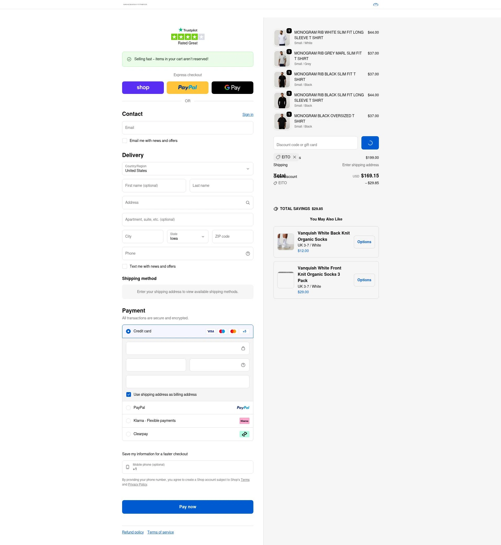 Vanquish Fitness checkout page showing Vanquish Fitness discount code box | Screenshot taken by SimplyCodes community member on Feb 5, 2026