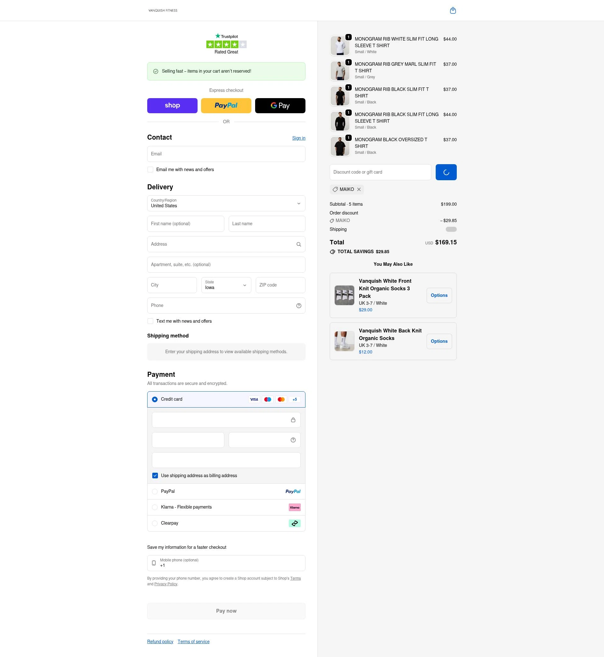 Vanquish Fitness checkout page showing Vanquish Fitness discount code box | Screenshot taken by SimplyCodes community member on Feb 9, 2026
