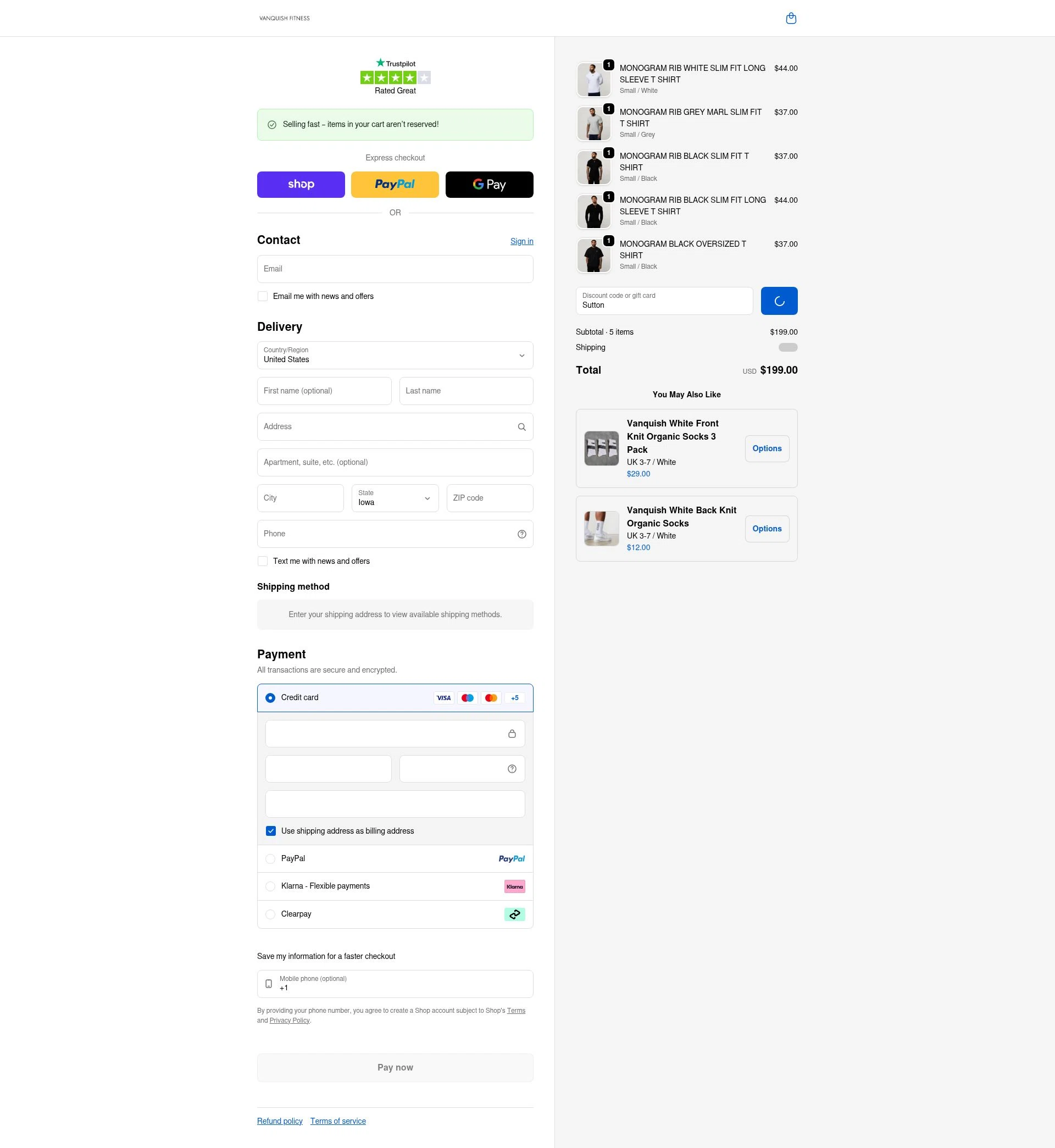 Vanquish Fitness checkout page showing Vanquish Fitness discount code box | Screenshot taken by SimplyCodes community member on Feb 9, 2026
