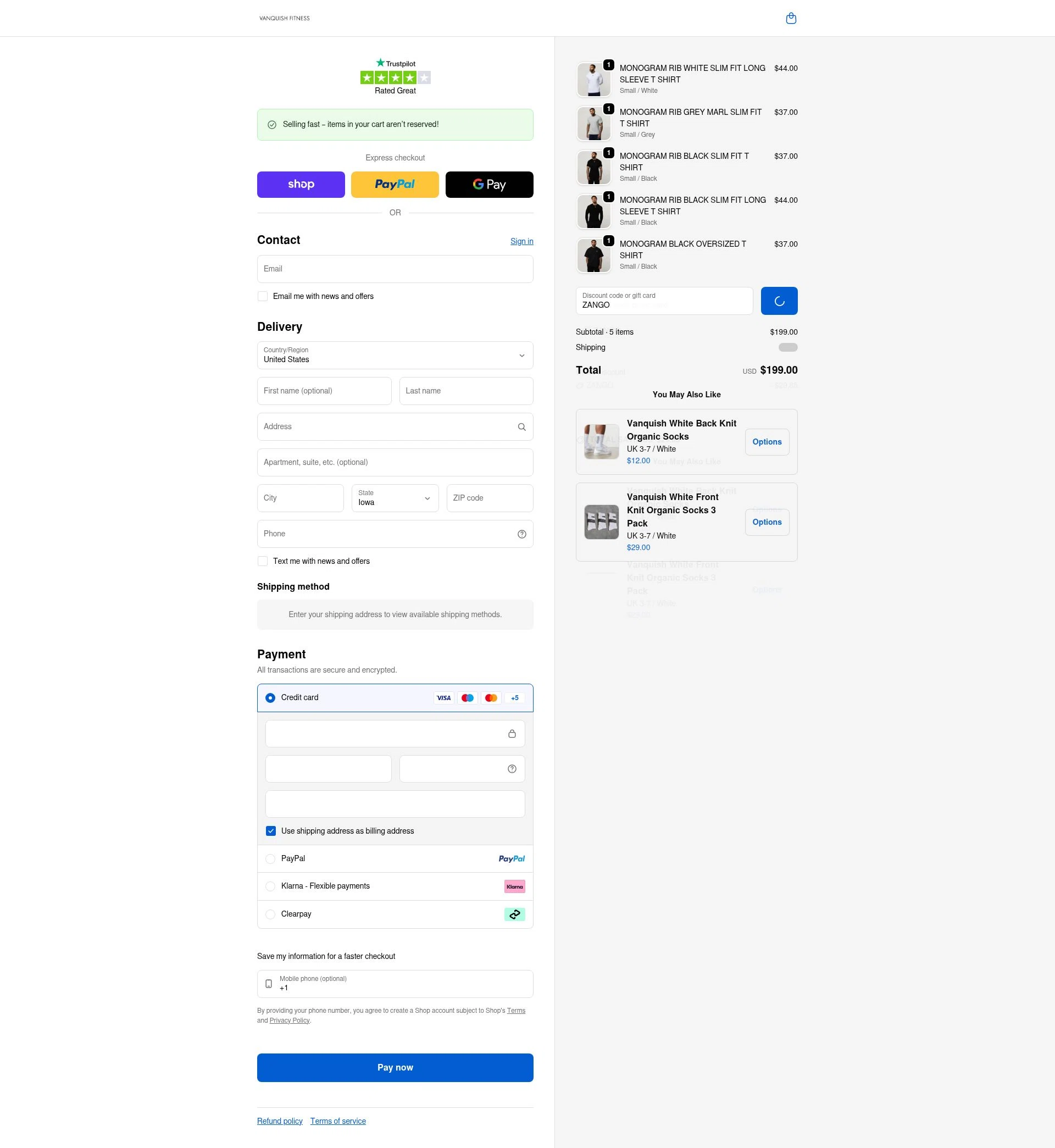 Vanquish Fitness checkout page showing Vanquish Fitness discount code box | Screenshot taken by SimplyCodes community member on Feb 5, 2026