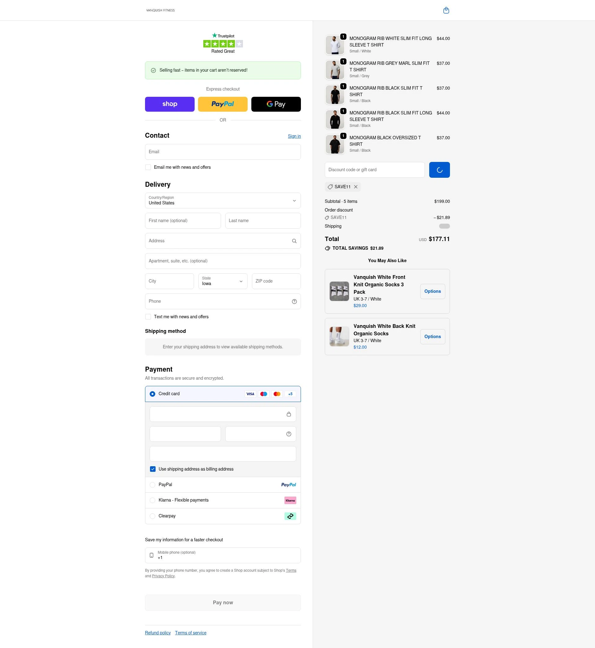 Vanquish Fitness checkout page showing Vanquish Fitness discount code box | Screenshot taken by SimplyCodes community member on Feb 9, 2026
