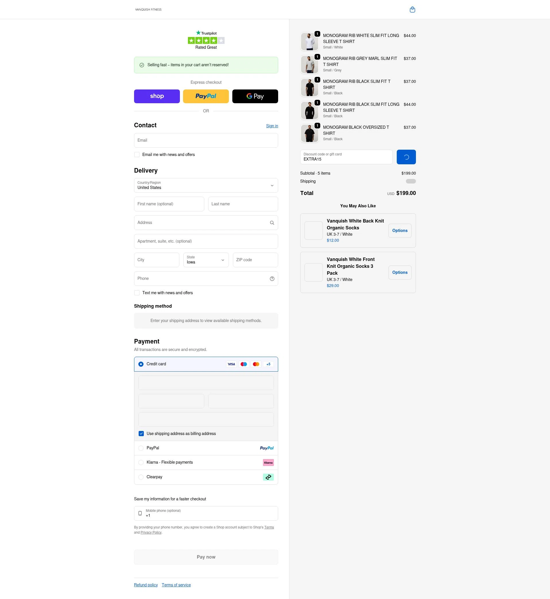 Vanquish Fitness checkout page showing Vanquish Fitness discount code box | Screenshot taken by SimplyCodes community member on Feb 5, 2026