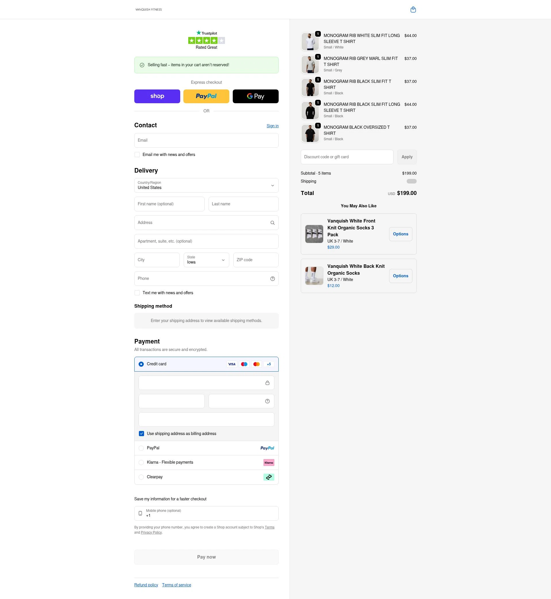 Vanquish Fitness checkout page showing Vanquish Fitness discount code box | Screenshot taken by SimplyCodes community member on Feb 9, 2026