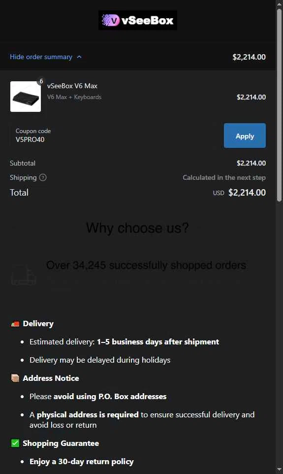 vSeeBox US checkout page showing vSeeBox US promo code box | Screenshot taken by SimplyCodes community member on Jan 28, 2026