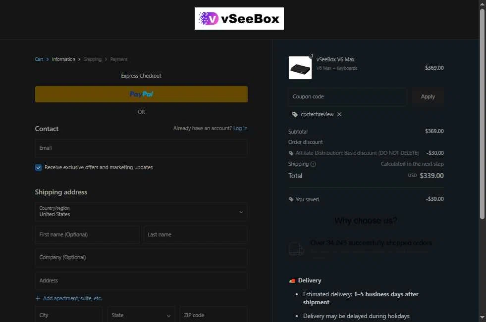 vSeeBox US checkout page showing vSeeBox US promo code box | Screenshot taken by SimplyCodes community member on Jan 29, 2026