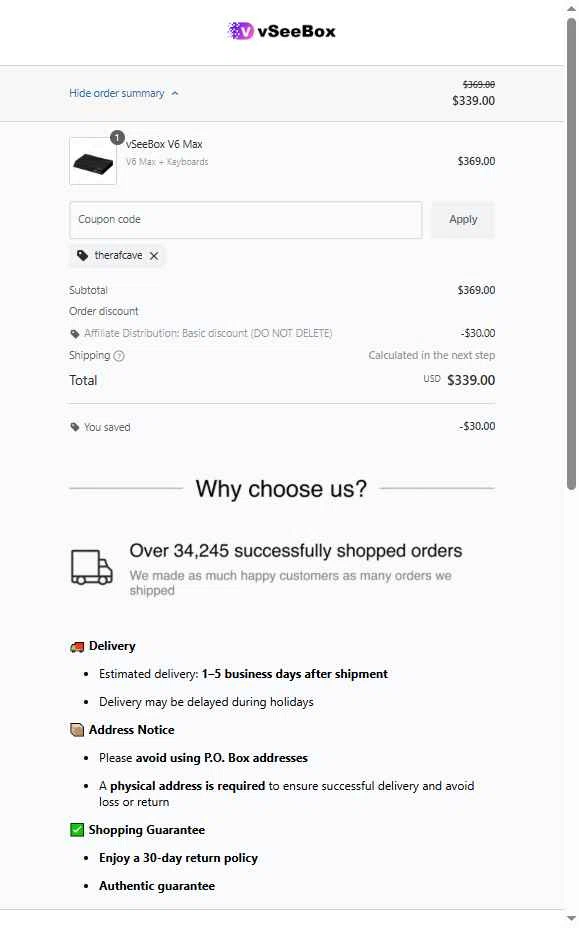 vSeeBox US checkout page showing vSeeBox US promo code box | Screenshot taken by SimplyCodes community member on Feb 4, 2026