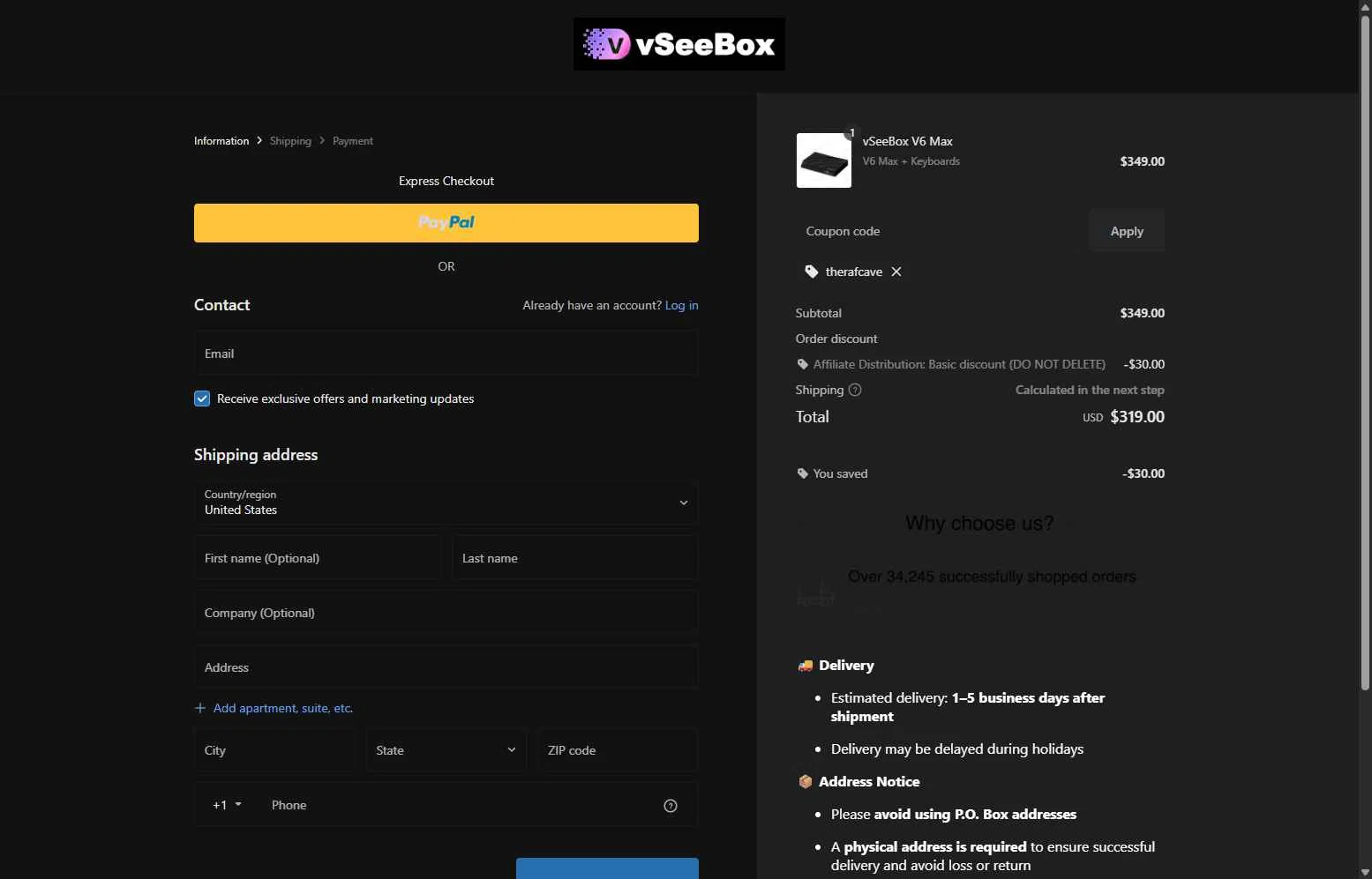 vSeeBox US checkout page showing vSeeBox US promo code box | Screenshot taken by SimplyCodes community member on Dec 30, 2025