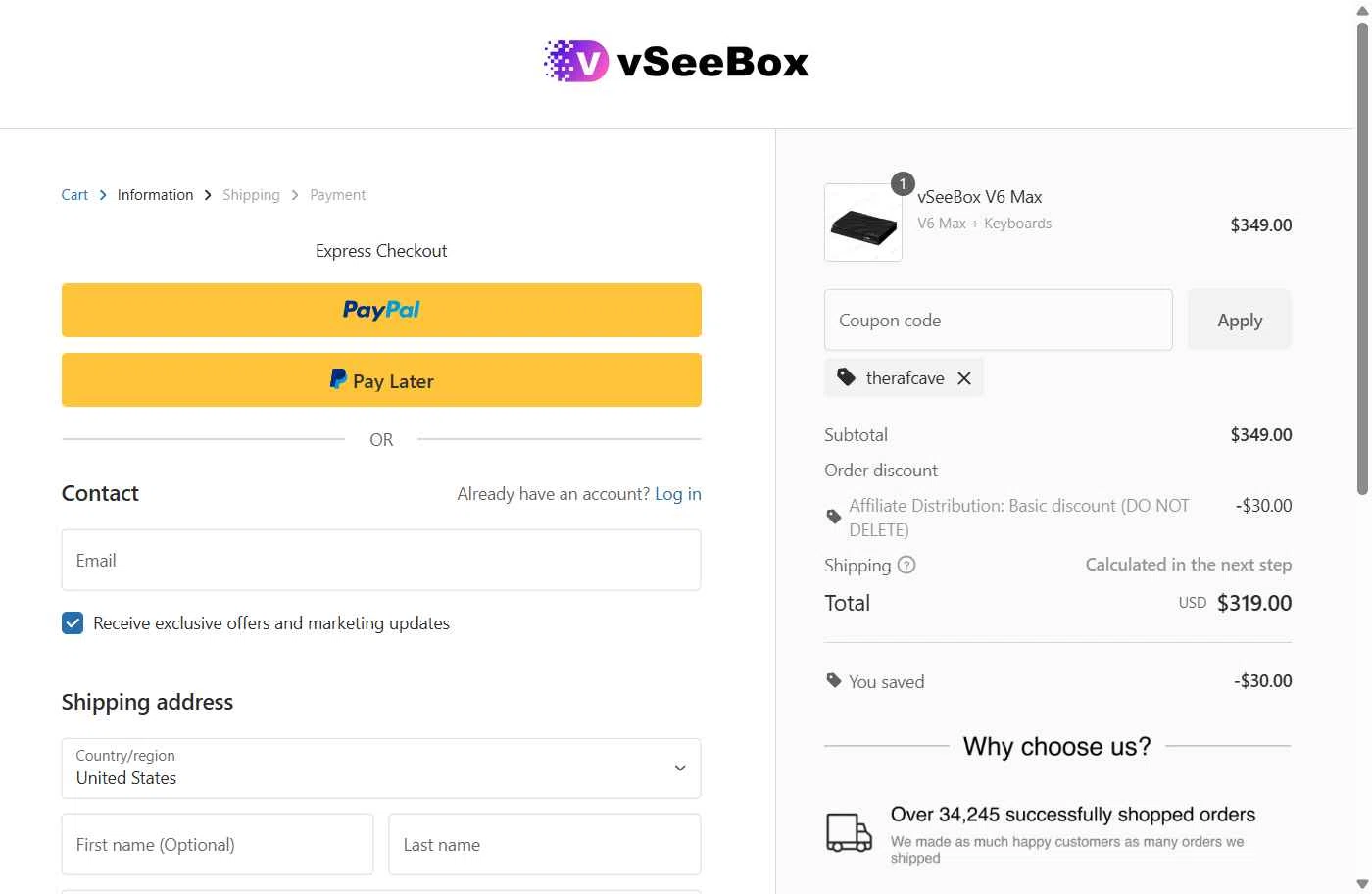 vSeeBox US checkout page showing vSeeBox US promo code box | Screenshot taken by SimplyCodes community member on Jan 6, 2026