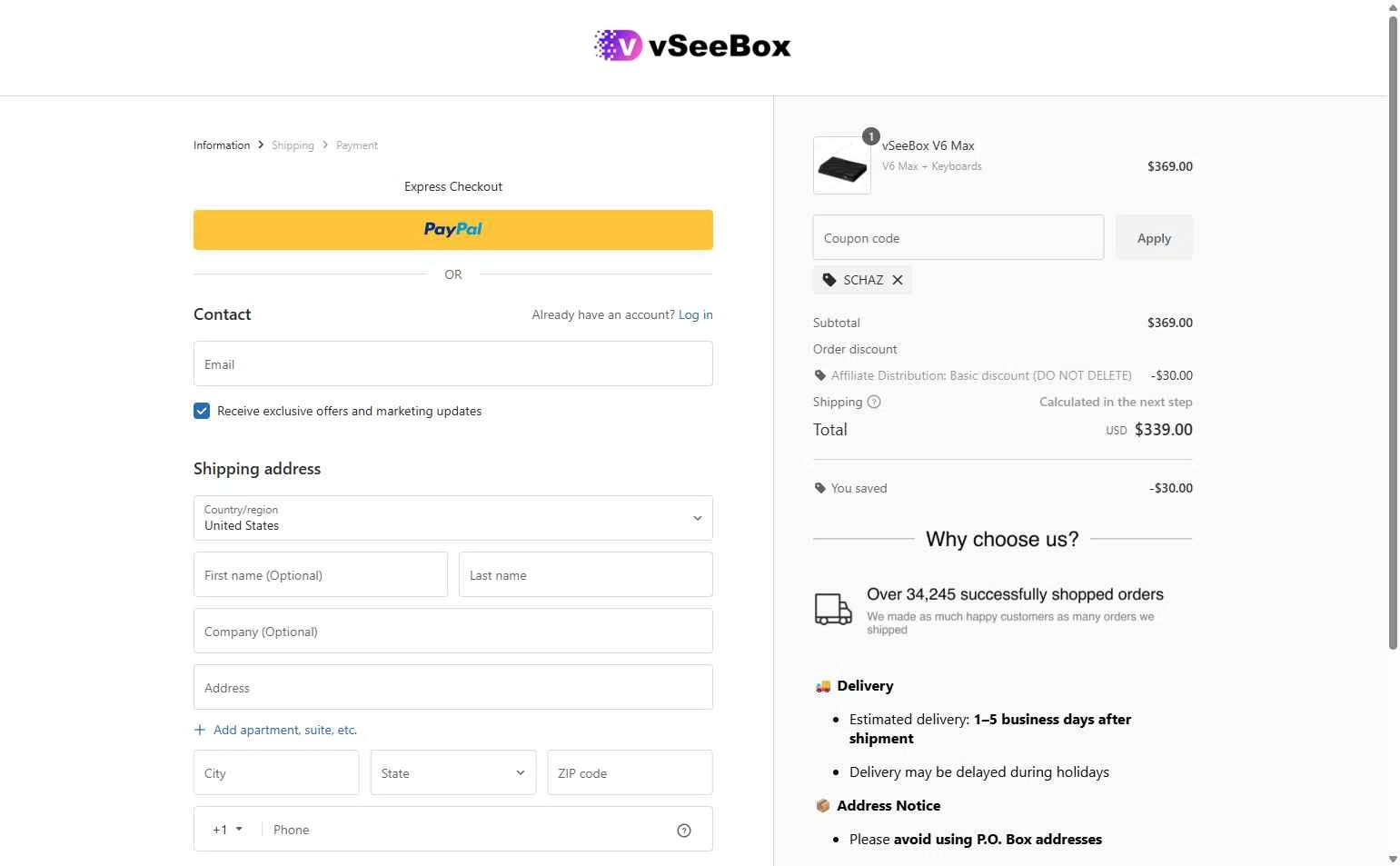 vSeeBox US checkout page showing vSeeBox US promo code box | Screenshot taken by SimplyCodes community member on Jan 27, 2026