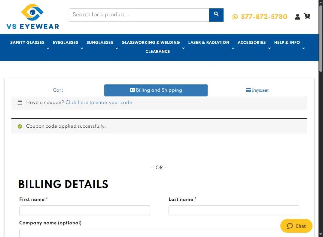 VS Eyewear checkout page showing VS Eyewear discount code box | Screenshot taken by SimplyCodes community member on Aug 1, 2025