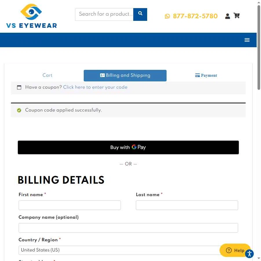 VS Eyewear checkout page showing VS Eyewear discount code box | Screenshot taken by SimplyCodes community member on Dec 24, 2025