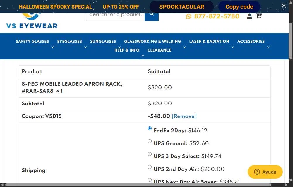 VS Eyewear checkout page showing VS Eyewear discount code box | Screenshot taken by SimplyCodes community member on Oct 27, 2025