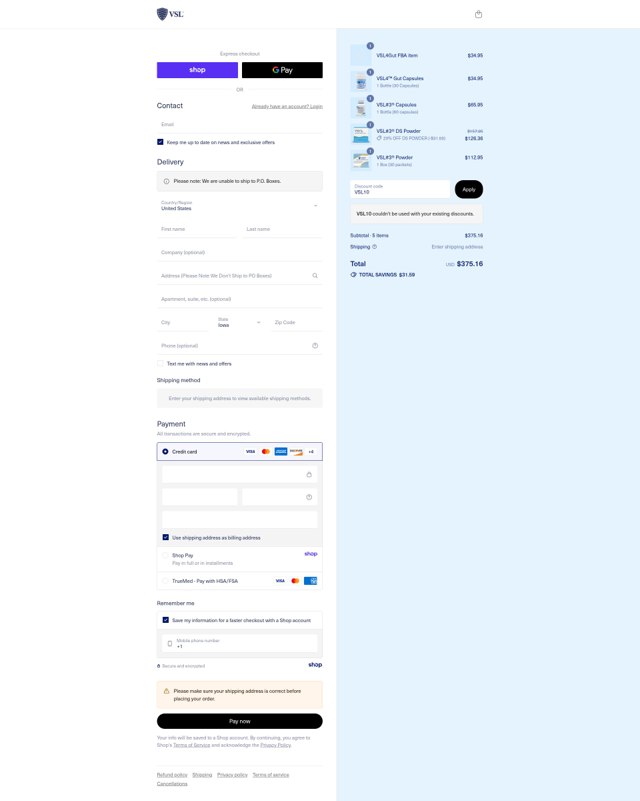 VSL#3 US checkout page showing VSL#3 US promo code box | Screenshot taken by SimplyCodes community member on Sep 6, 2025
