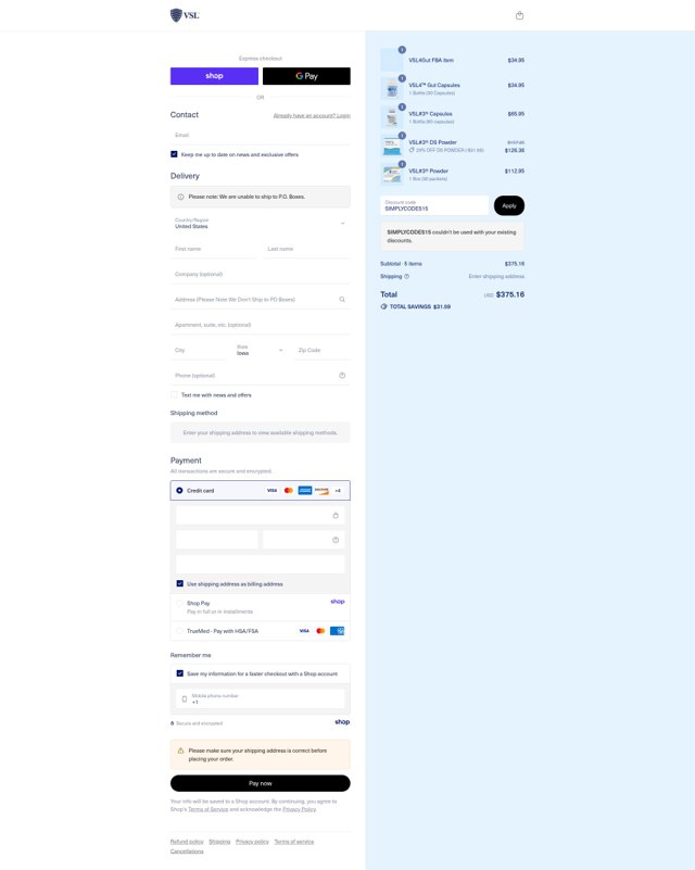 VSL#3 US checkout page showing VSL#3 US promo code box | Screenshot taken by SimplyCodes community member on Sep 6, 2025