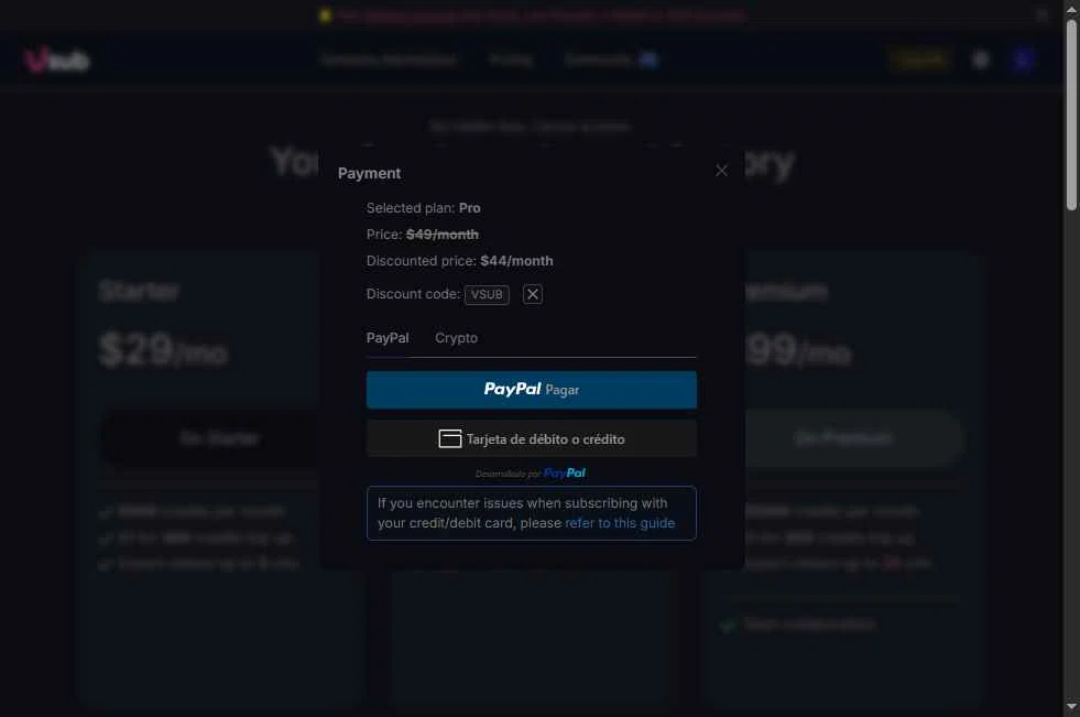 Vsub checkout page showing Vsub discount code box | Screenshot taken by SimplyCodes community member on Oct 23, 2025