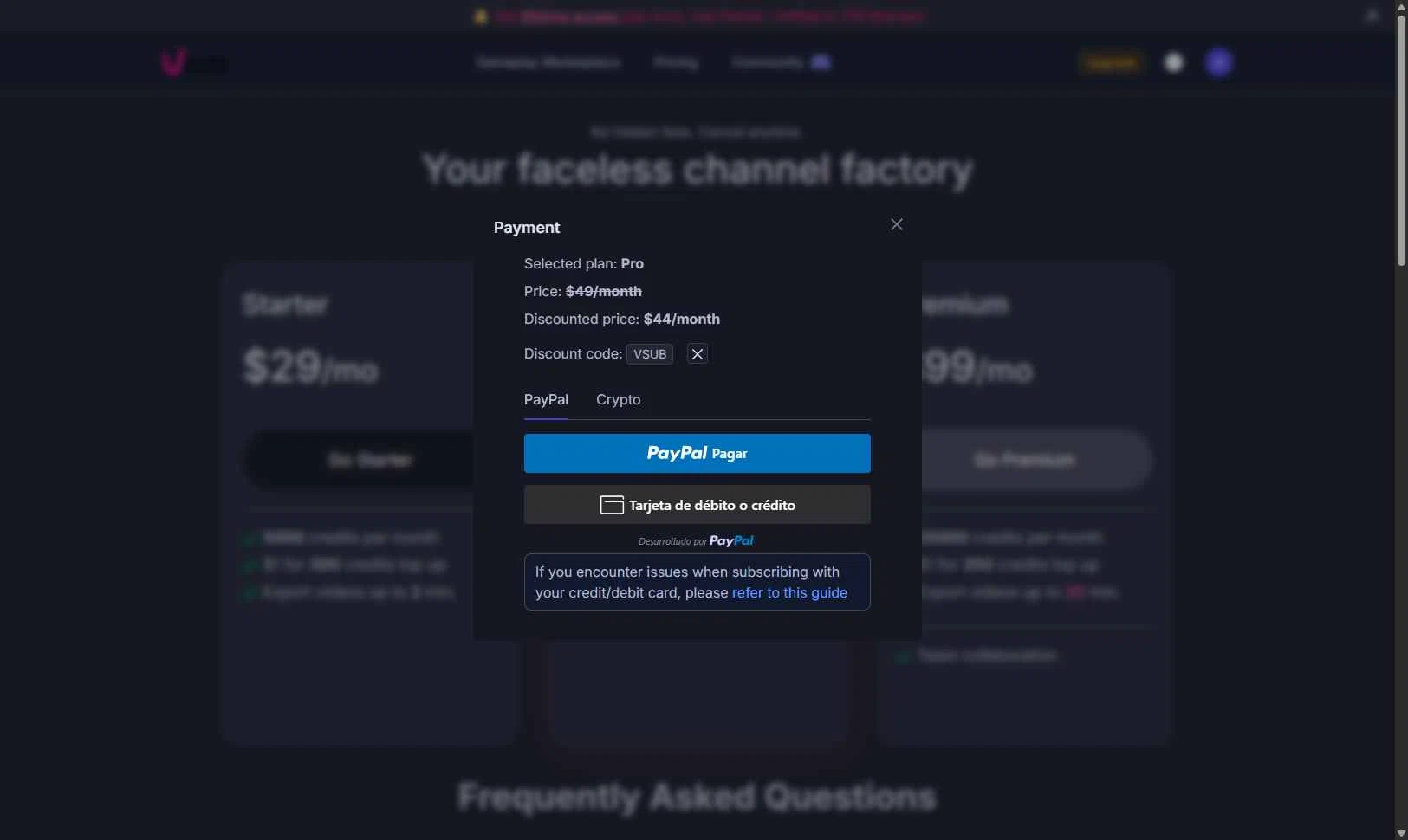 Vsub checkout page showing Vsub discount code box | Screenshot taken by SimplyCodes community member on Nov 21, 2025