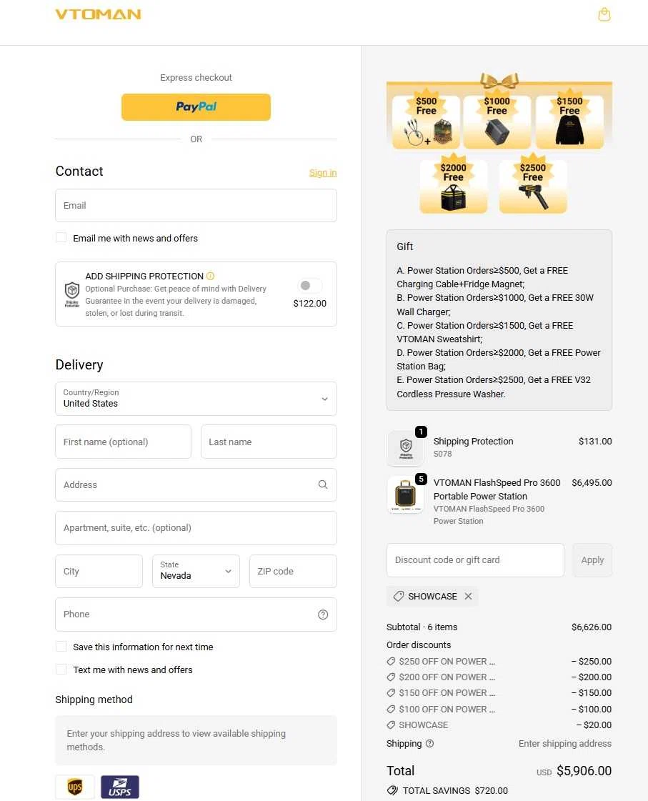VTOMAN discount code screenshot showing code SHOWCASE applied at VTOMAN checkout page. Uploaded by SimplyCodes community member CleverCollector3021 on Nov 25, 2025