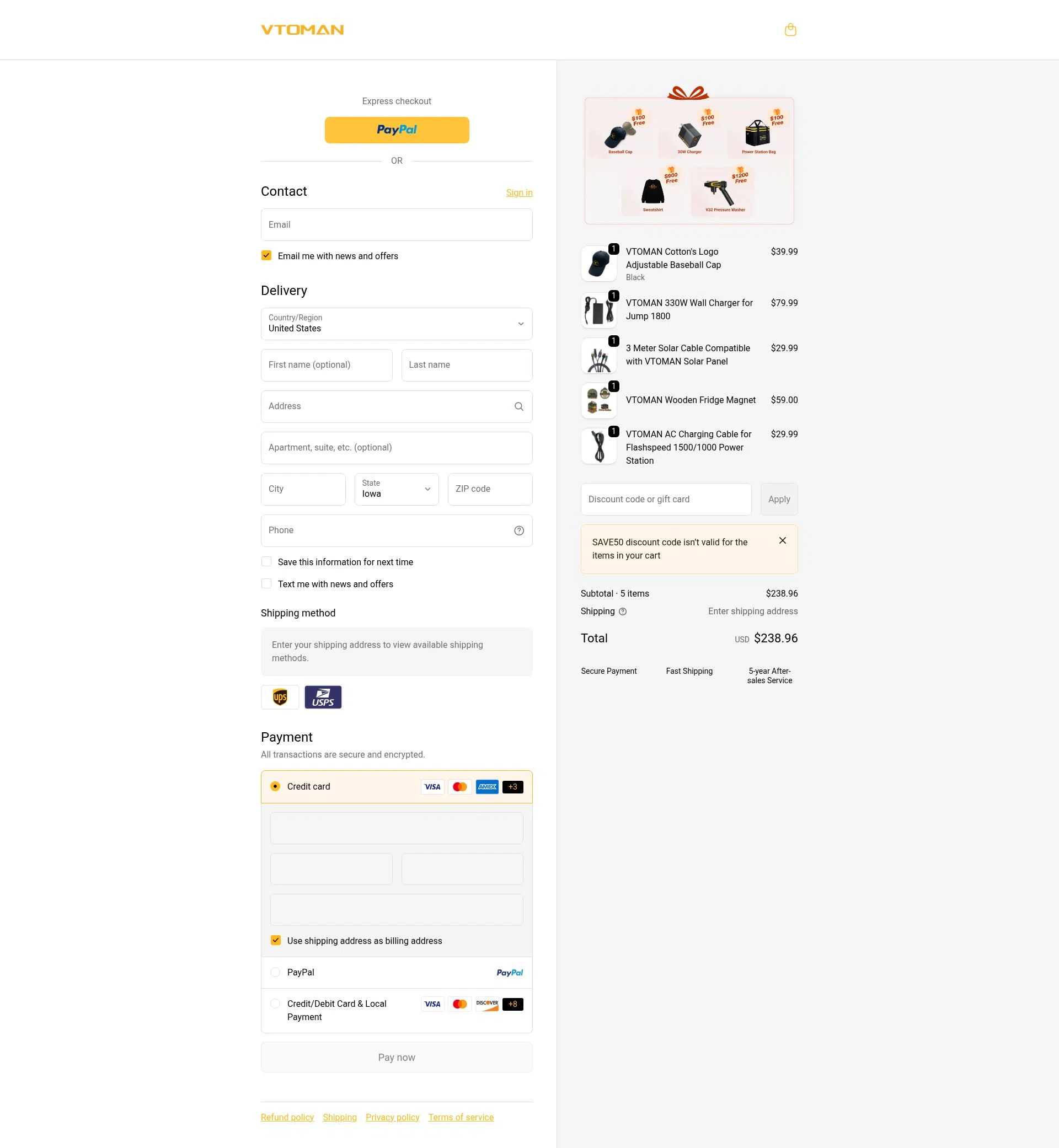VTOMAN checkout page showing VTOMAN discount code box | Screenshot taken by SimplyCodes community member on Jan 10, 2026