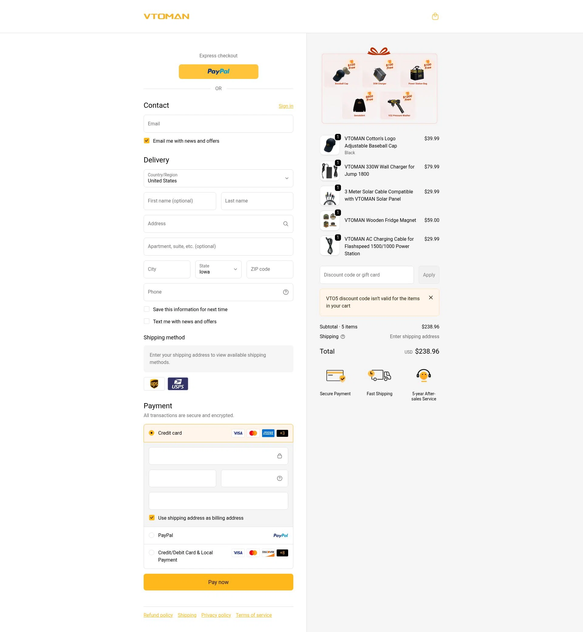 VTOMAN checkout page showing VTOMAN discount code box | Screenshot taken by SimplyCodes community member on Jan 10, 2026
