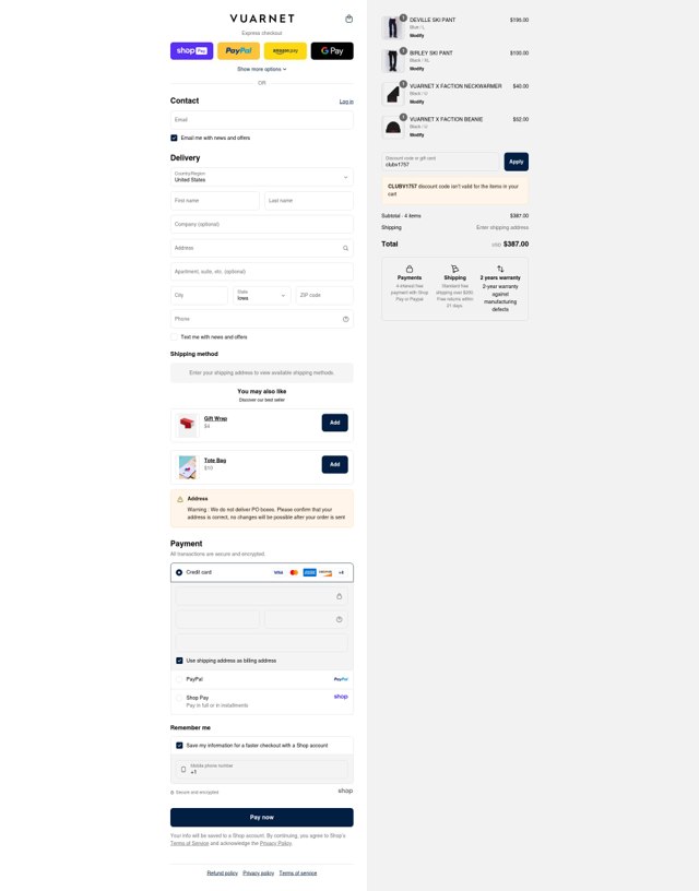 Vuarnet checkout page showing Vuarnet discount code box | Screenshot taken by SimplyCodes community member on Aug 22, 2025