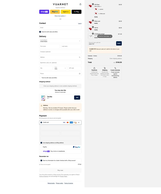 Vuarnet checkout page showing Vuarnet discount code box | Screenshot taken by SimplyCodes community member on Aug 8, 2025