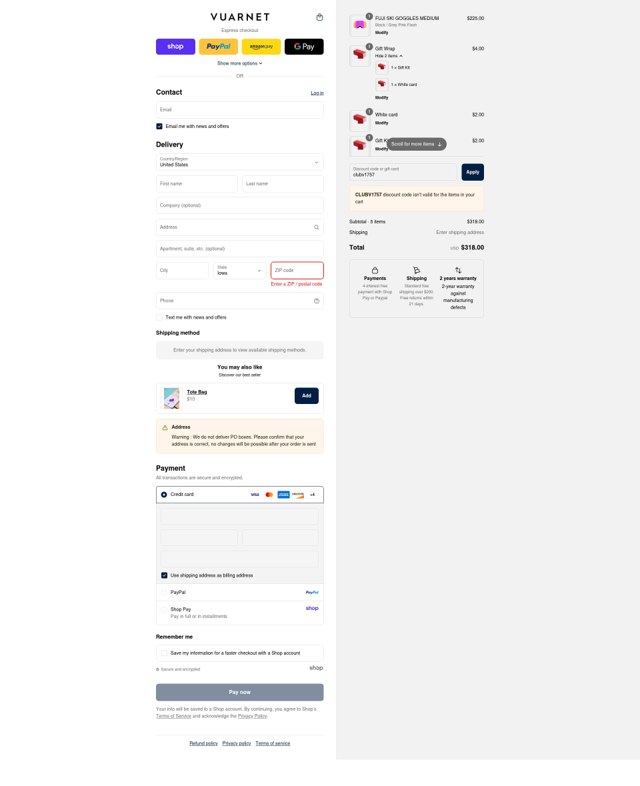 Vuarnet checkout page showing Vuarnet discount code box | Screenshot taken by SimplyCodes community member on Sep 3, 2025
