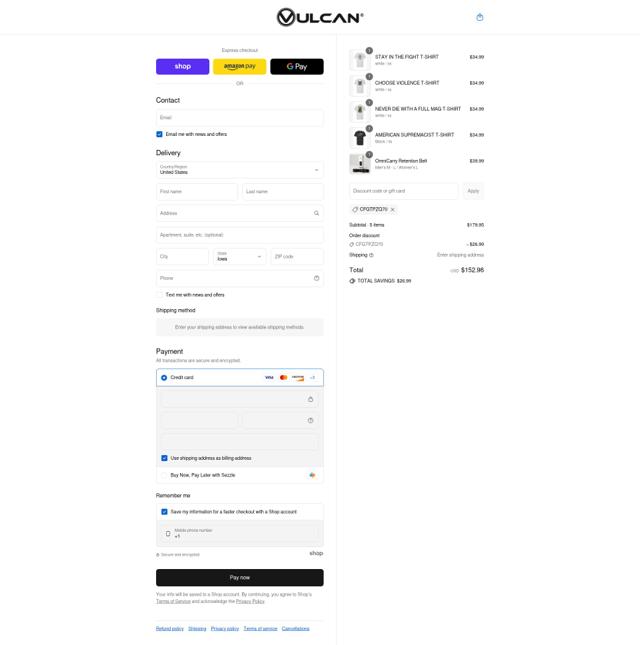 VULCAN checkout page showing VULCAN promo code box | Screenshot taken by SimplyCodes community member on Sep 13, 2025