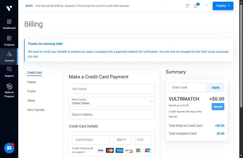 Vultr checkout page showing Vultr promo code box | Screenshot taken by SimplyCodes community member on Apr 12, 2025