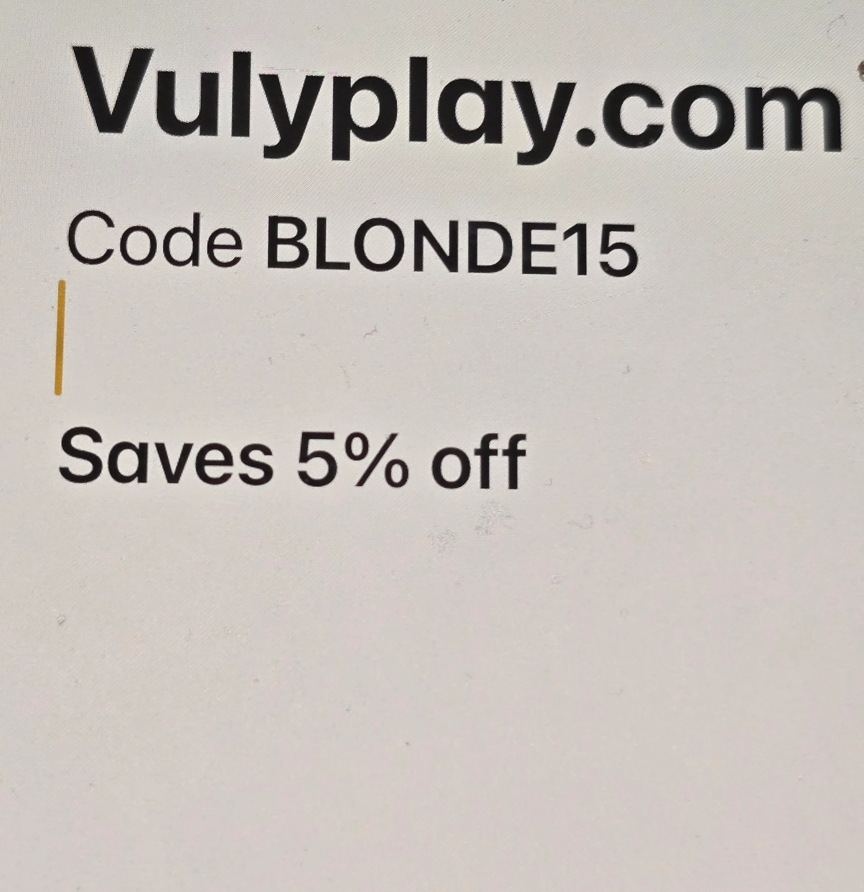 Vuly Play US promo code screenshot showing code BLONDE15 applied at Vuly Play US checkout page. Uploaded by SimplyCodes community member TreasureGenius2354 on Dec 5, 2025
