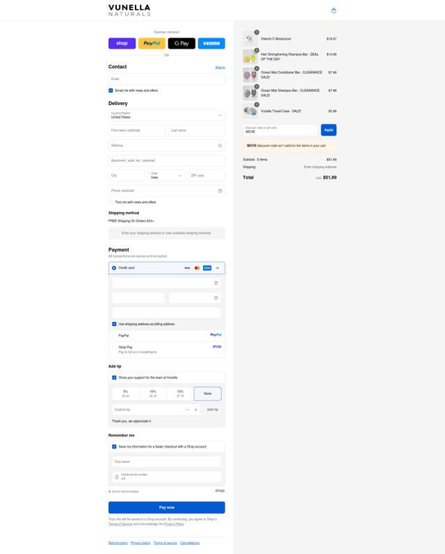 Vunella checkout page showing Vunella discount code box | Screenshot taken by SimplyCodes community member on Sep 11, 2025
