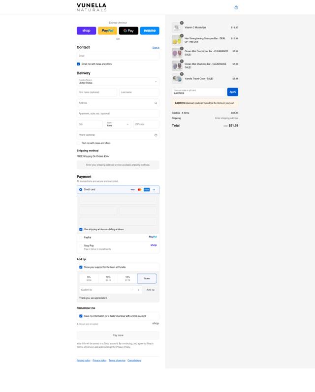 Vunella checkout page showing Vunella discount code box | Screenshot taken by SimplyCodes community member on Sep 11, 2025