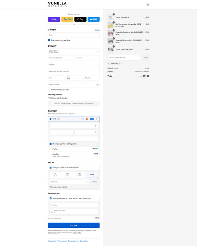 Vunella checkout page showing Vunella discount code box | Screenshot taken by SimplyCodes community member on Sep 11, 2025
