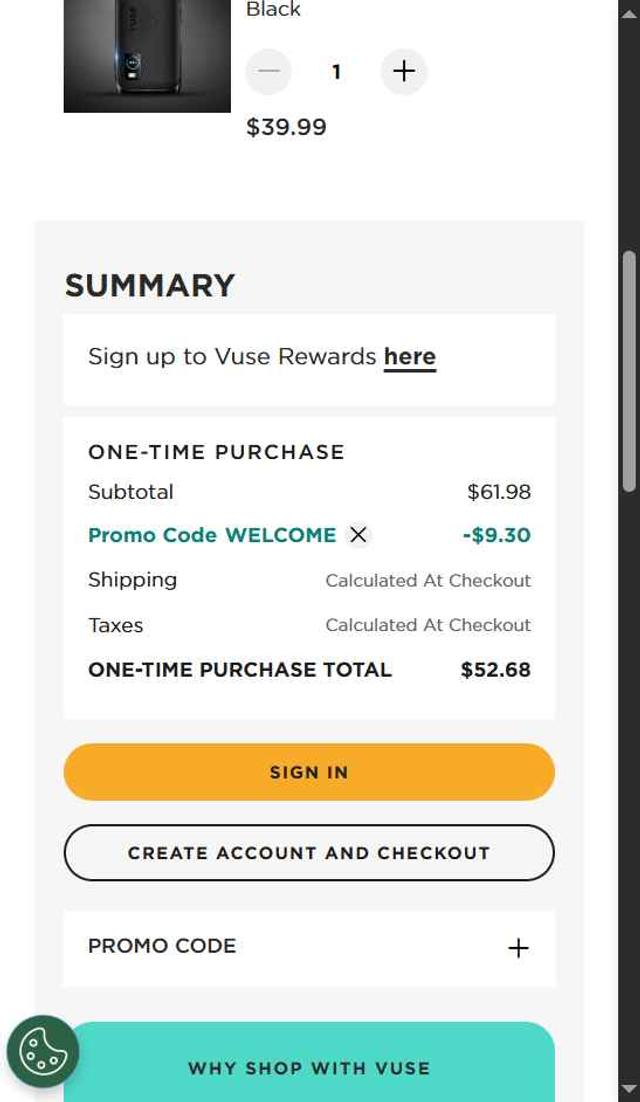 Vuse checkout page showing Vuse promo code box | Screenshot taken by SimplyCodes community member on Jul 19, 2025