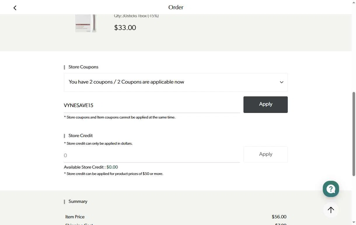 Vyneherb checkout page showing Vyneherb promo code box | Screenshot taken by SimplyCodes community member on Jun 21, 2025