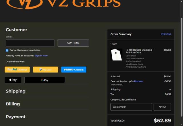 Vz Grips checkout page showing Vz Grips coupon code box | Screenshot taken by SimplyCodes community member on Jul 2, 2025