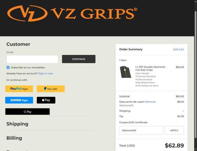Vz Grips checkout page showing Vz Grips coupon code box | Screenshot taken by SimplyCodes community member on Jul 2, 2025